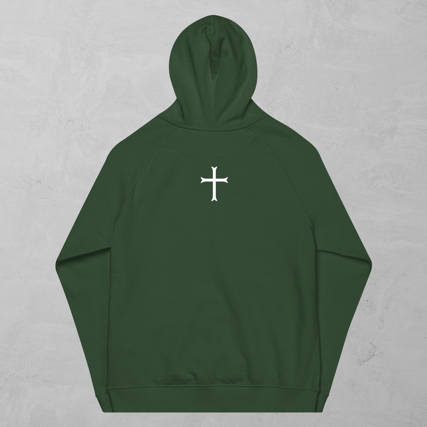 Cross in white hoodie