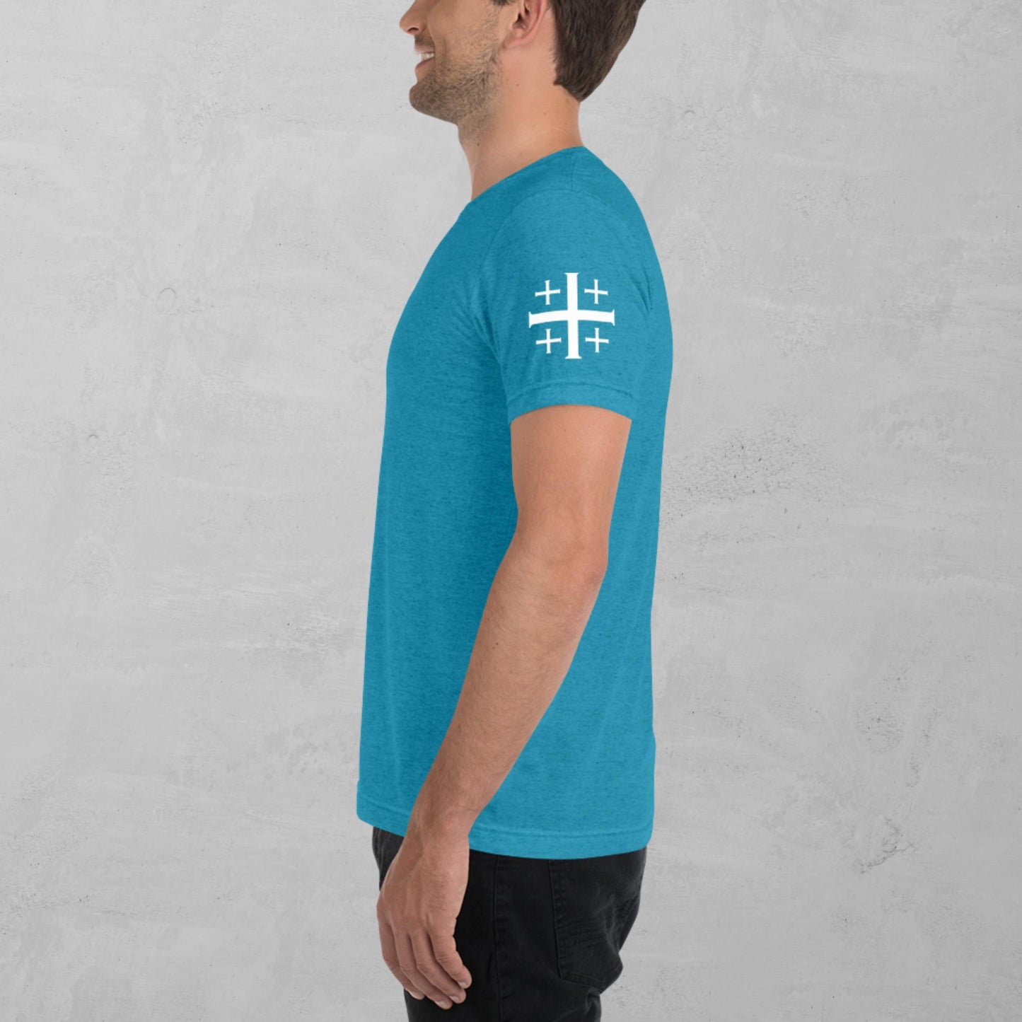 Jerusalem cross in white t-shirt
