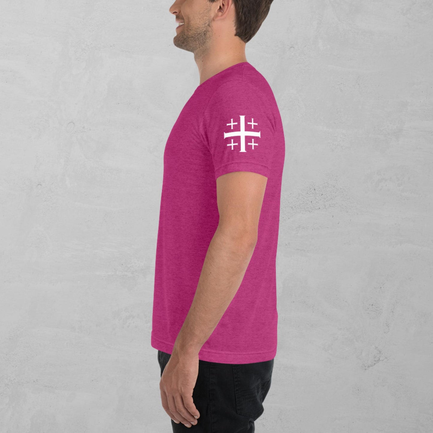 Jerusalem cross in white t-shirt
