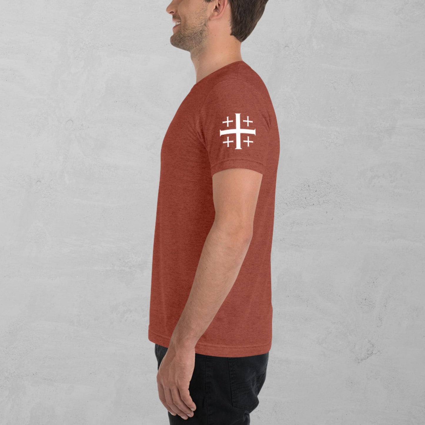 Jerusalem cross in white t-shirt