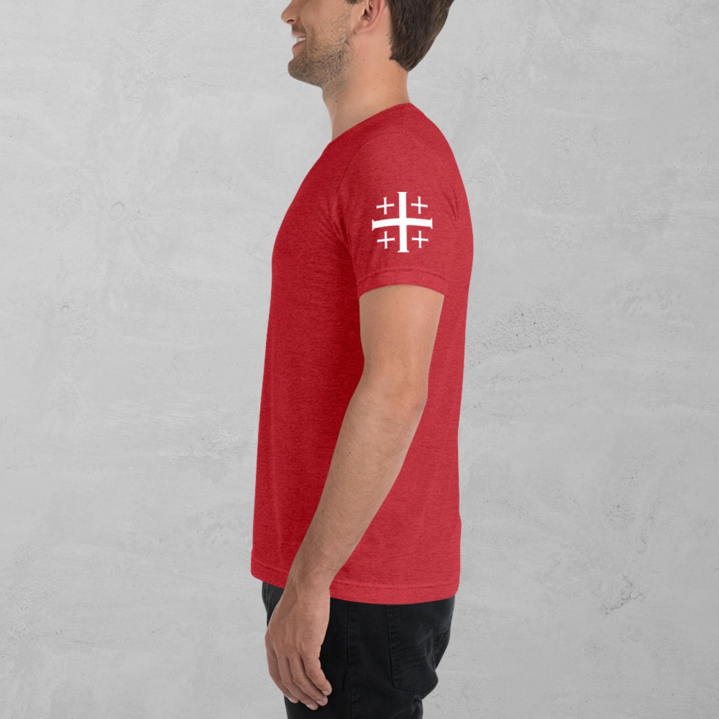 Jerusalem cross in white t-shirt