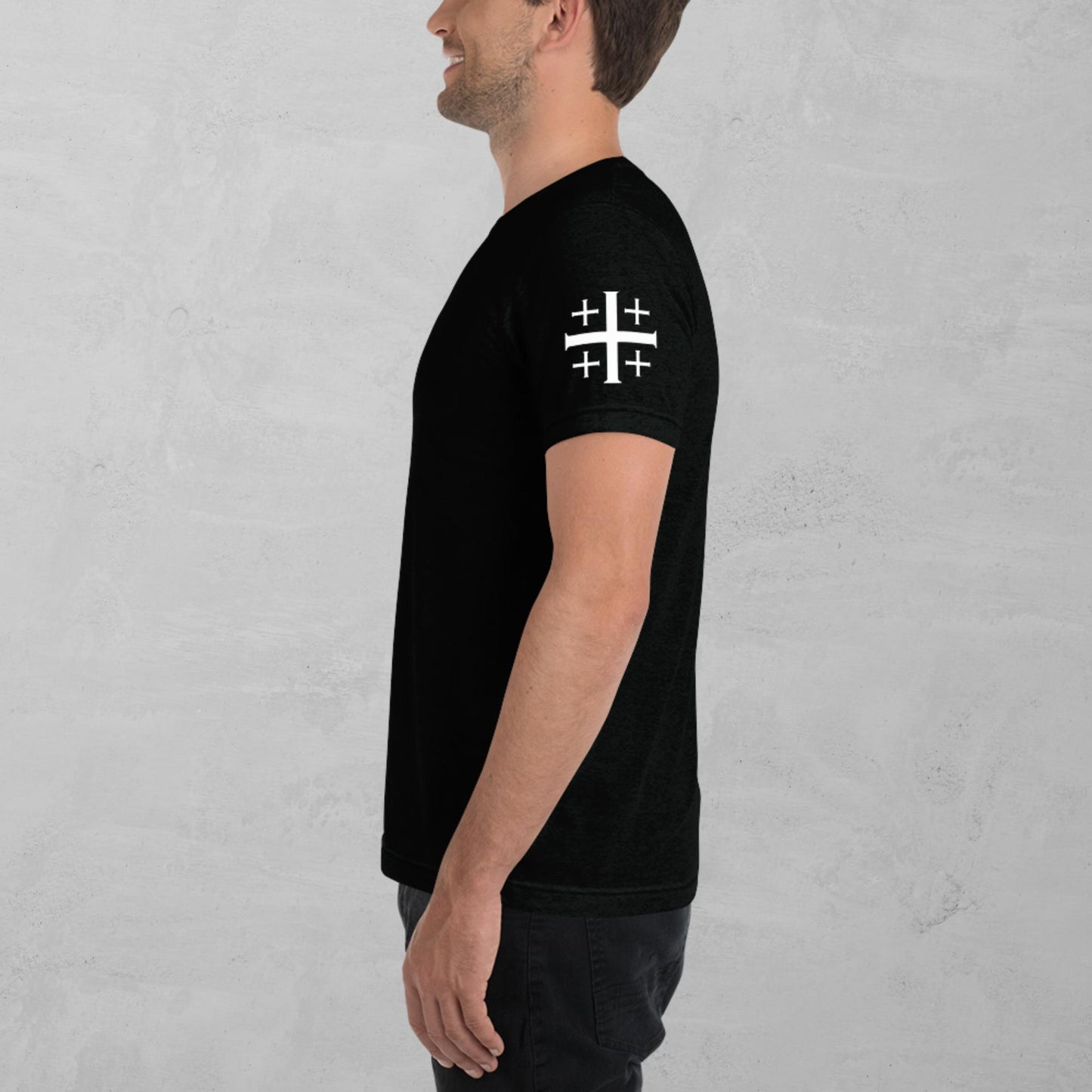 Jerusalem cross in white t-shirt