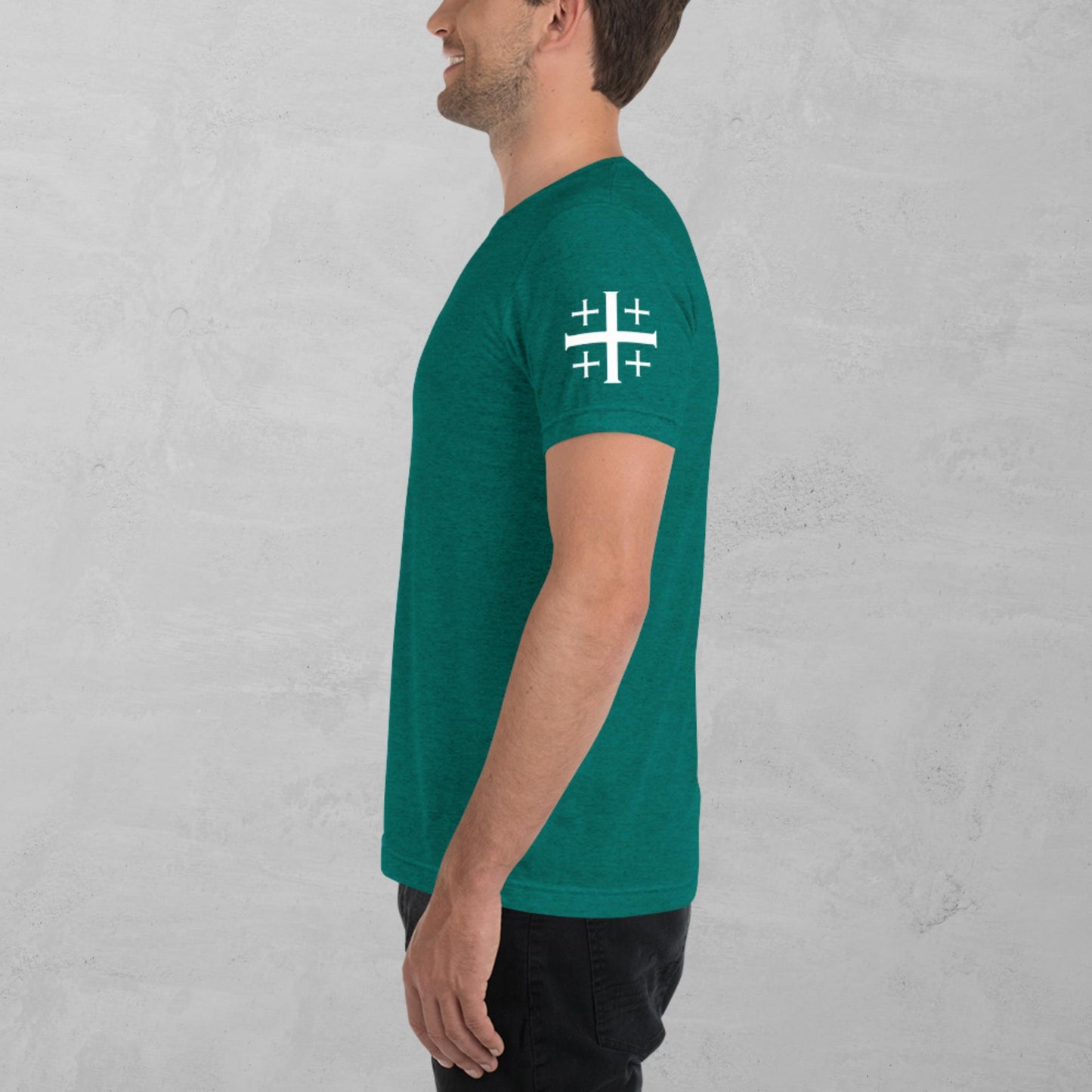 Jerusalem cross in white t-shirt