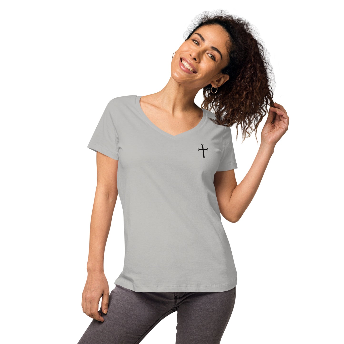 Fitted Women's White Cross v-neck