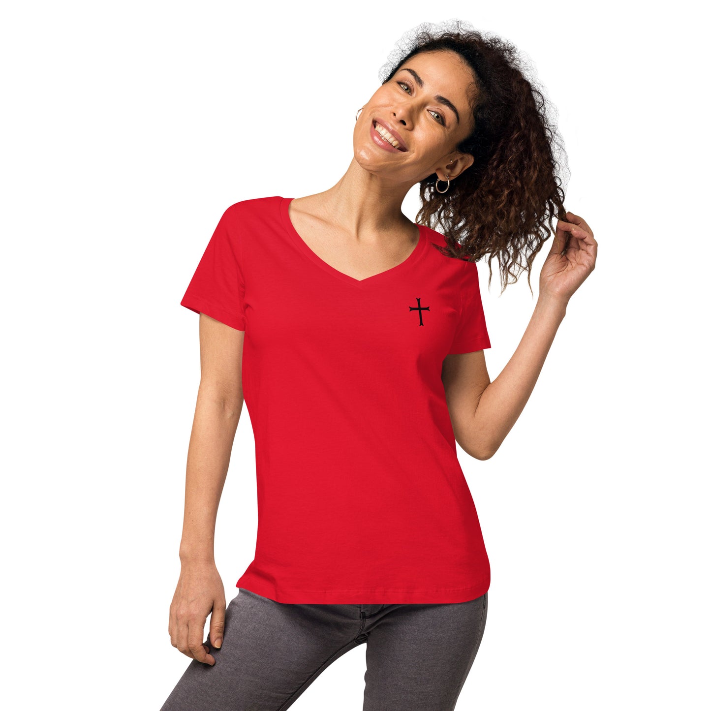 Fitted Women's White Cross v-neck