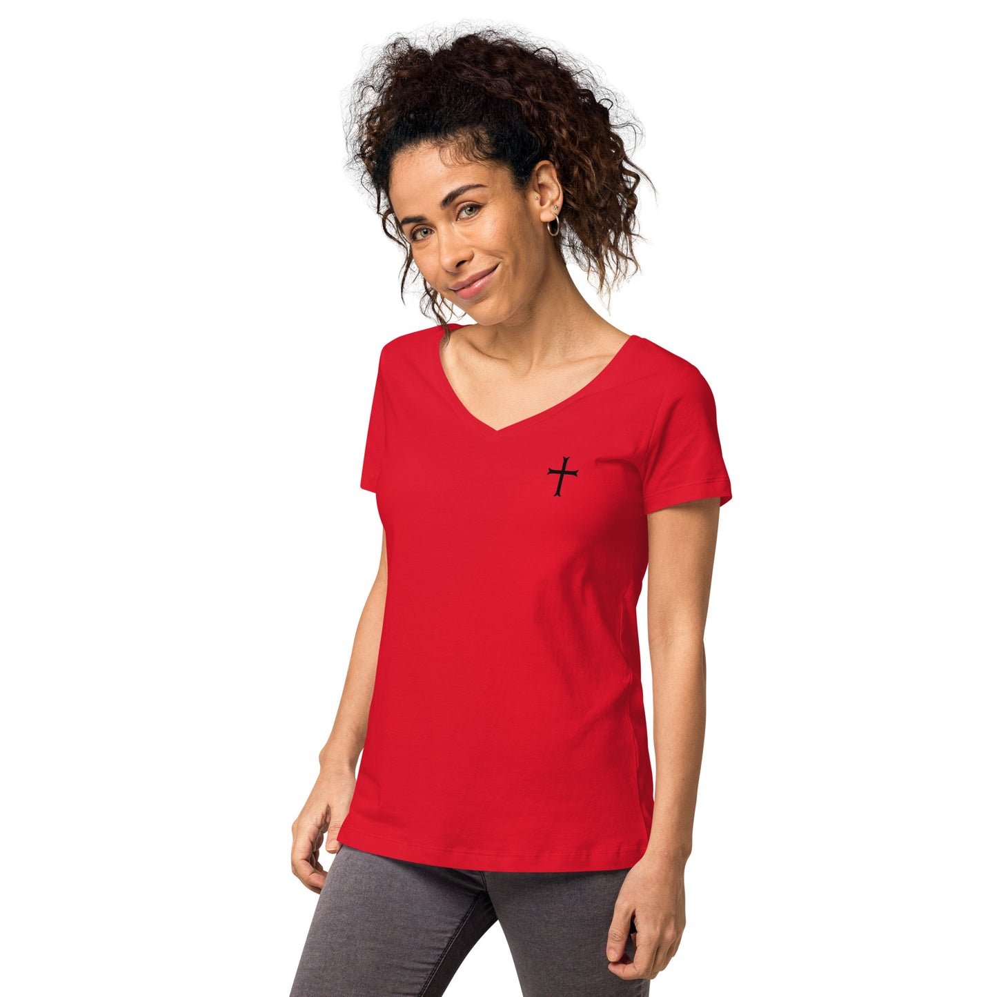 Fitted Women's White Cross v-neck