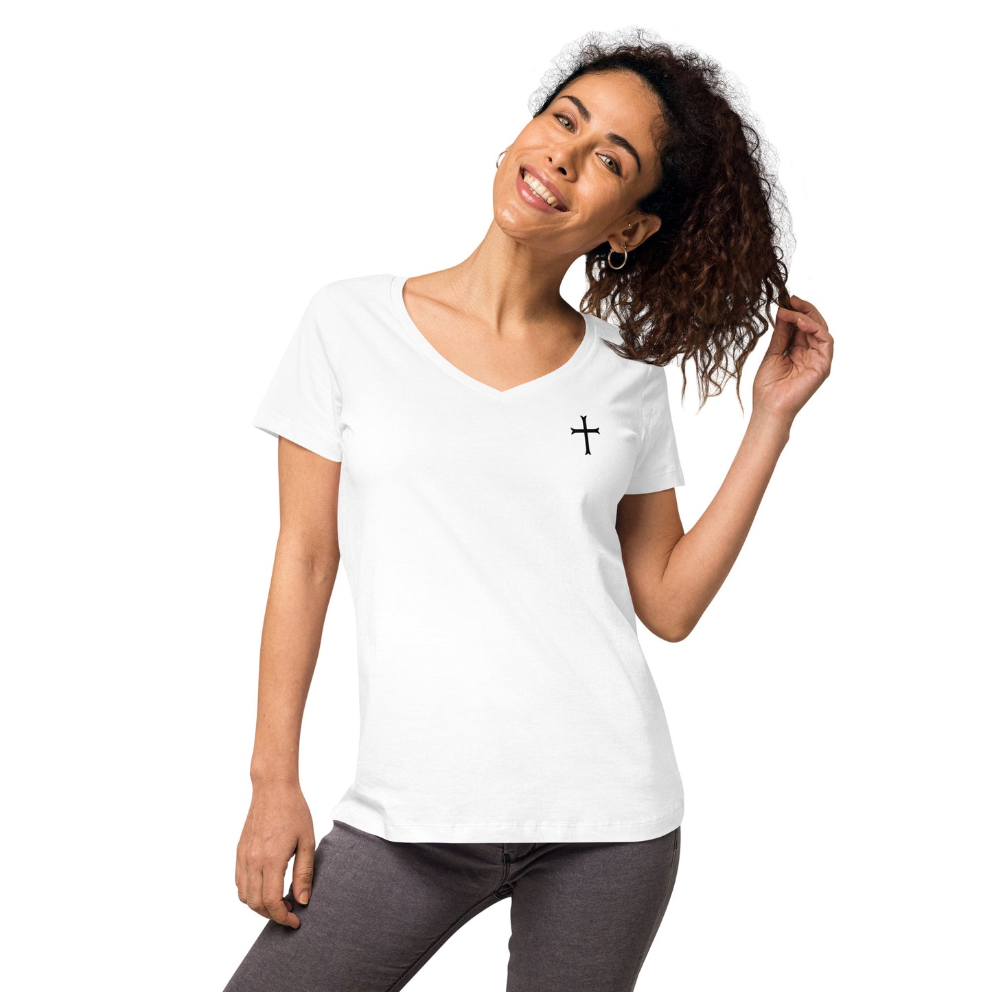Fitted Women's White Cross v-neck