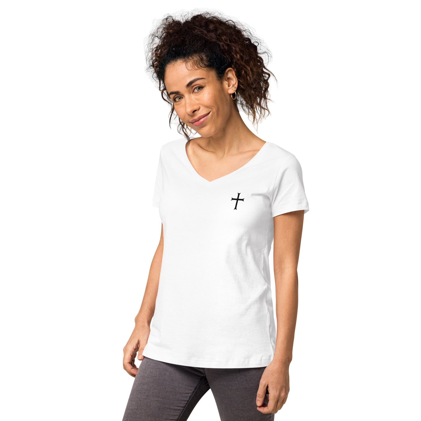 Fitted Women's White Cross v-neck
