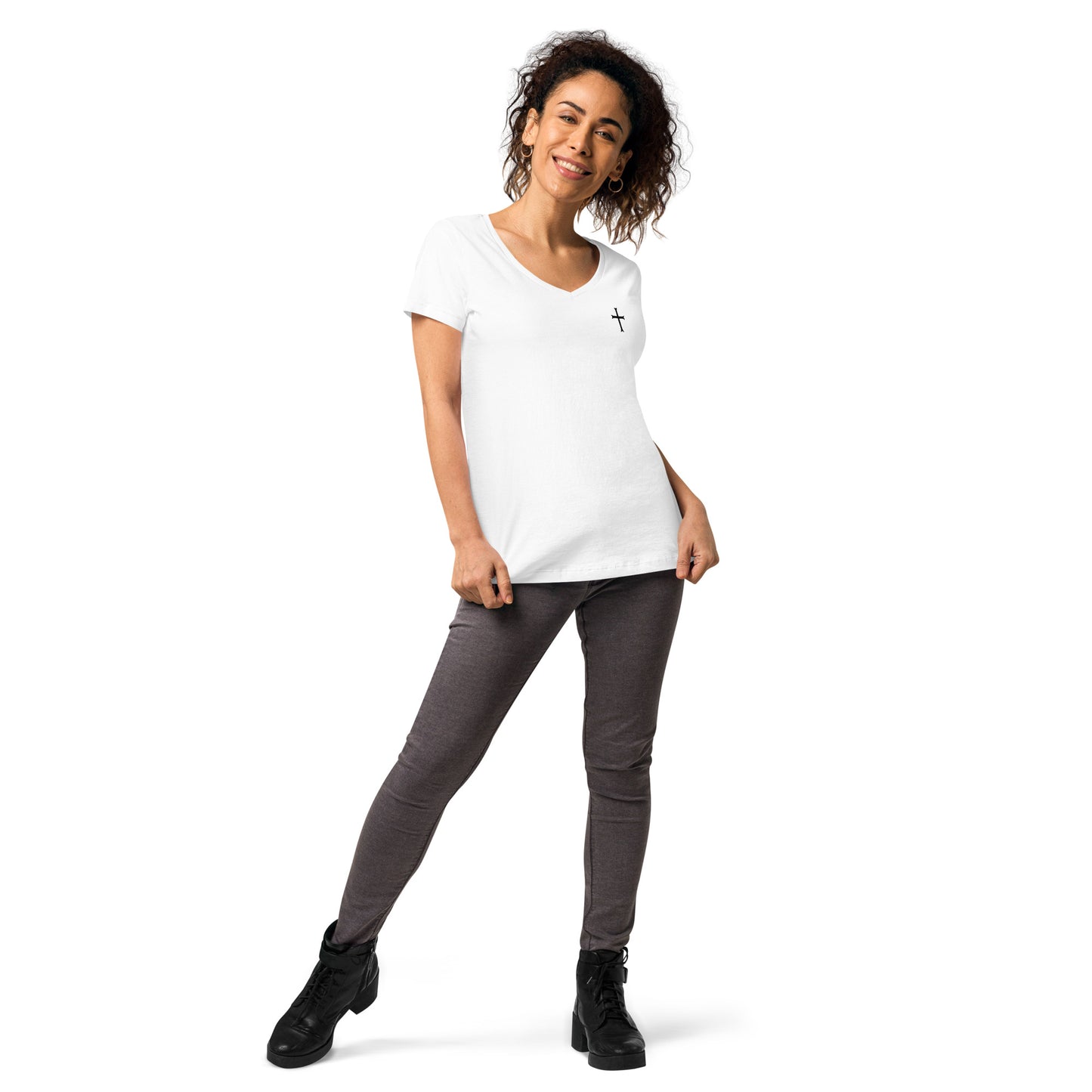 Fitted Women's White Cross v-neck